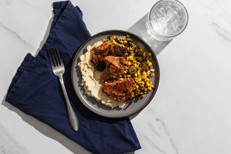 BBQ Pork Chunks with Parsnip Puree & Okra Succotash