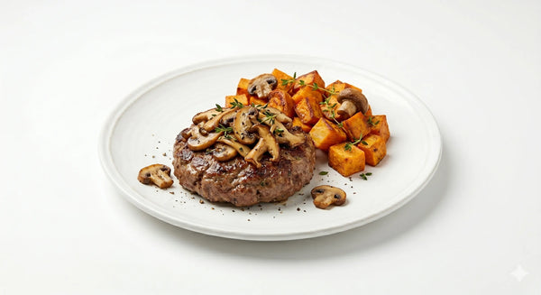 Beef Stroganoff Buger with Sweet Potato Wedges