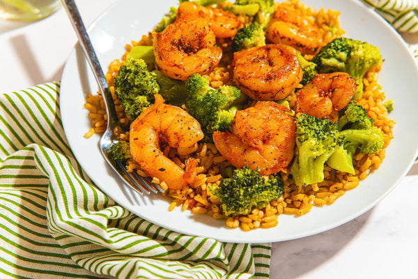 Seasoned Shrimp, Brown Rice and Roasted Broccoli
